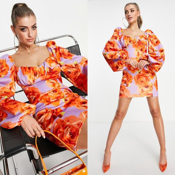 ASOS DESIGN Balloon Sleeve Mini Dress in Pop Floral Print Size 2 / 4 - Picture 1 of 9